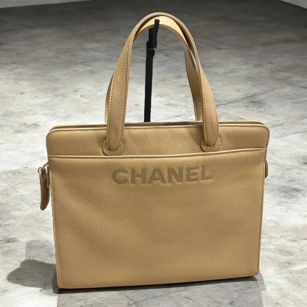 CHANEL Vintage 1997 Beige Caramel Caviar Leather Logo Tote Bag